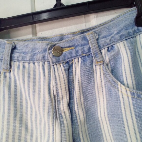 Zanadi Shorts Women 11 12 Denim Vintage High Rise Stripe Spellout Pocket Blue - Picture 8 of 16